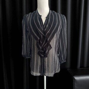 WHITE HOUSE BLACK MARKET WHBM Black White Striped Sheer Ruffle Blouse Size S
